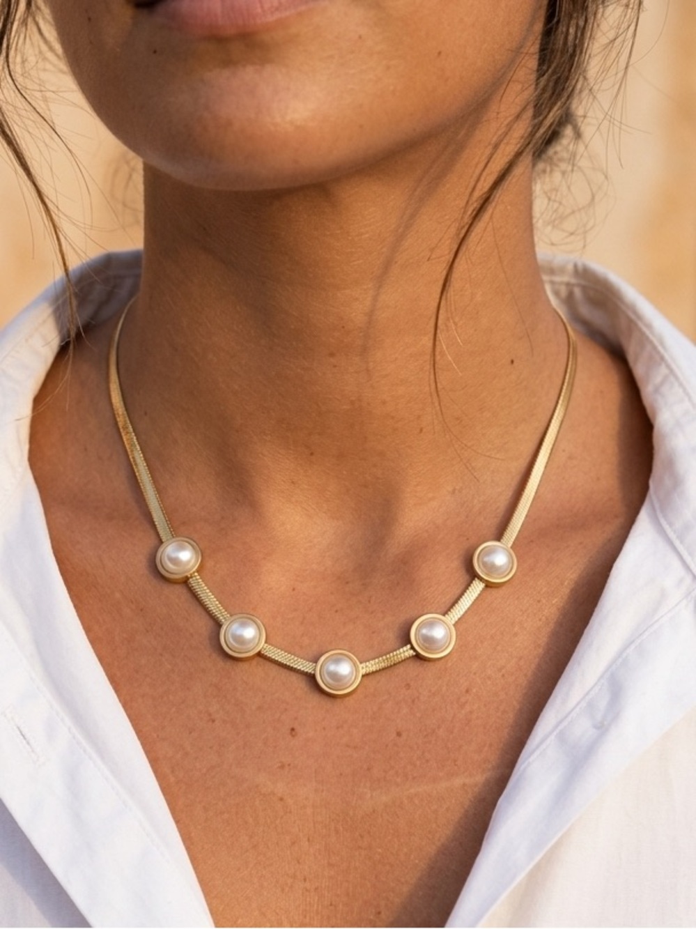 18K Gold Plated herringbone pearl necklace stainless steel womens jewelry Gift